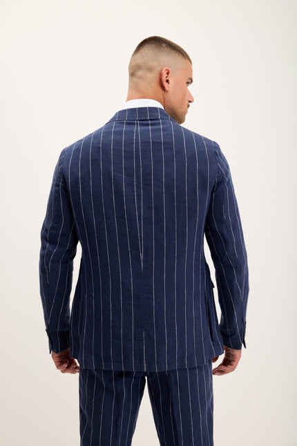 Men's Pinstripe Linen Single-Breasted Suit - Navy | Ron Tomson