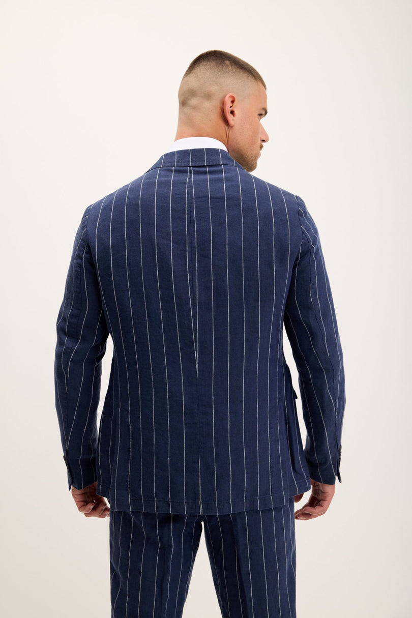 Men's Pinstripe Linen Single-Breasted Suit - Navy | Ron Tomson