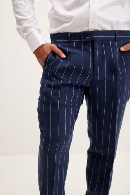 Men's Pinstripe Linen Single-Breasted Suit - Navy | Ron Tomson