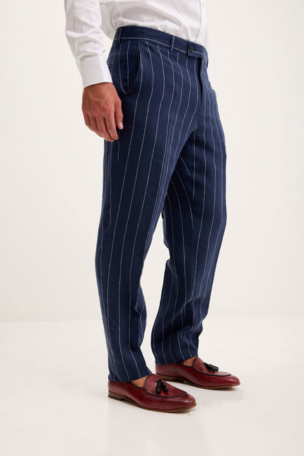 Men's Pinstripe Linen Single-Breasted Suit - Navy | Ron Tomson