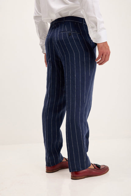 Men's Pinstripe Linen Single-Breasted Suit - Navy | Ron Tomson