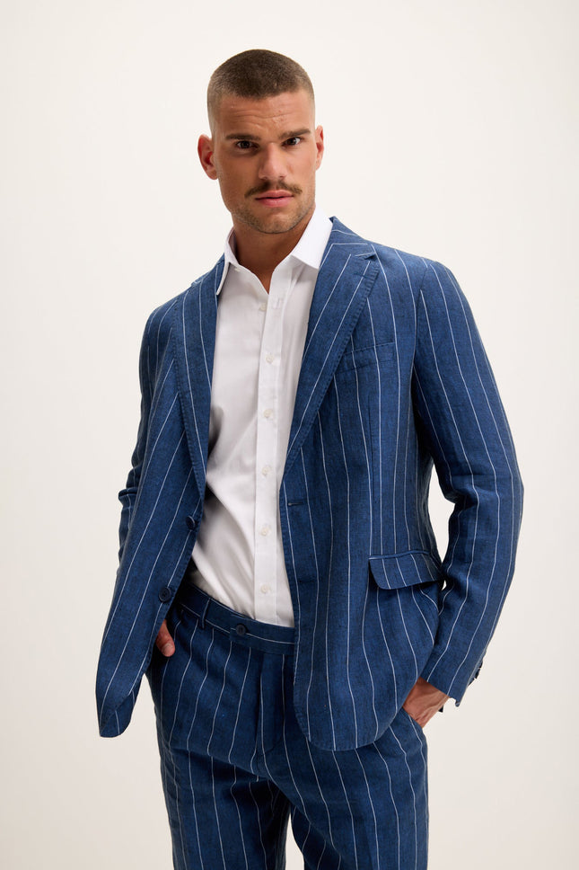 Pinstripe Linen Single-Breasted Suit - Navy