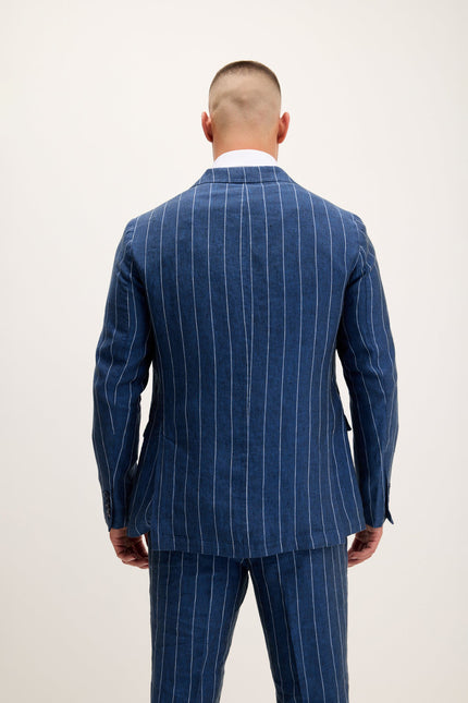 Men's Pinstripe Linen Single-Breasted Suit - Navy | Ron Tomson