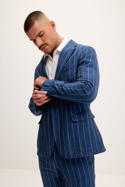 Men's Pinstripe Linen Single-Breasted Suit - Navy | Ron Tomson