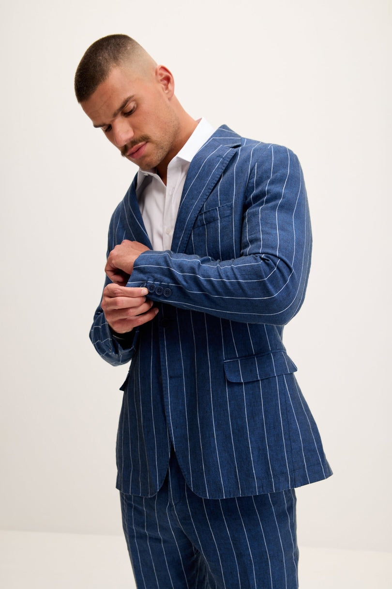 Men's Pinstripe Linen Single-Breasted Suit - Navy | Ron Tomson