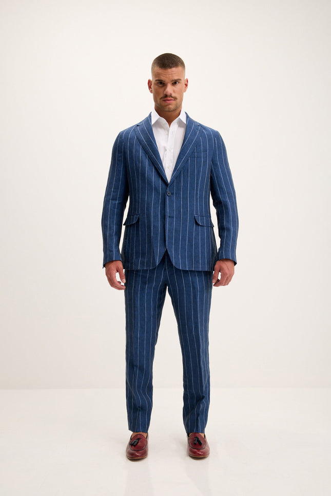 Pinstripe Linen Single-Breasted Suit - Navy