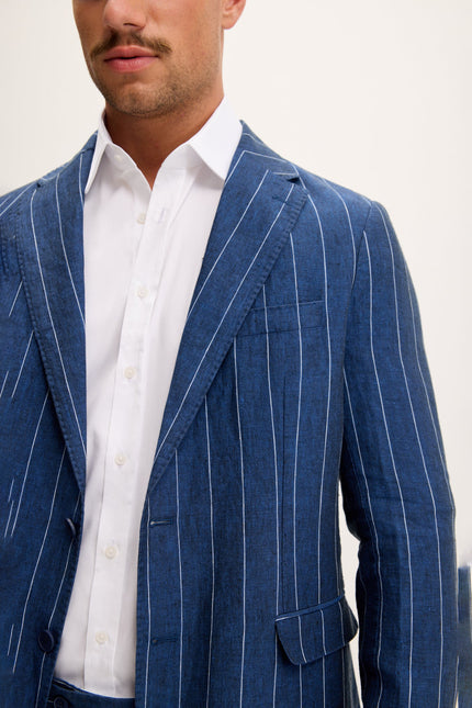 Men's Pinstripe Linen Single-Breasted Suit - Navy | Ron Tomson