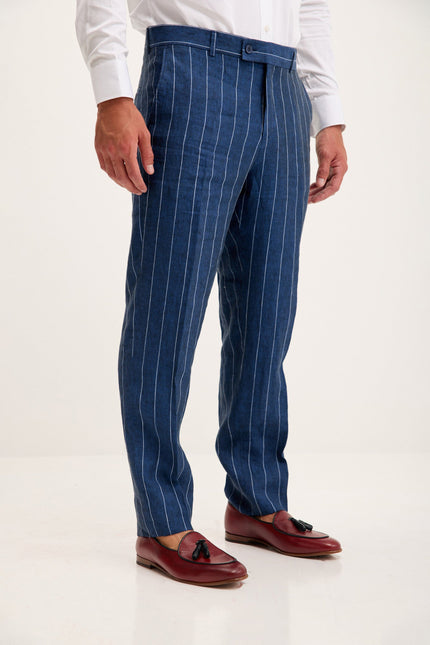 Men's Pinstripe Linen Single-Breasted Suit - Navy | Ron Tomson