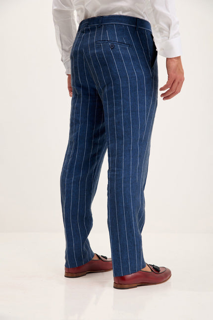 Men's Pinstripe Linen Single-Breasted Suit - Navy | Ron Tomson