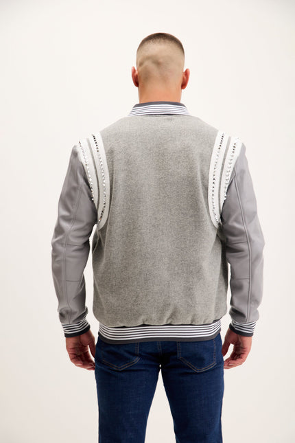 Men's Studded Mixed-Media Leather Varsity Jacket - Grey | Ron Tomson