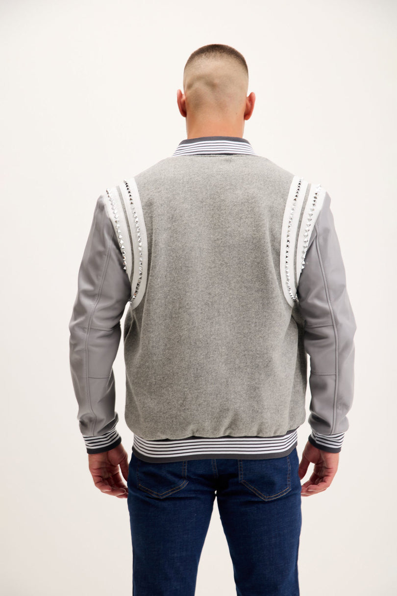 Men's Studded Mixed-Media Leather Varsity Jacket - Grey | Ron Tomson