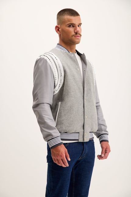 Men's Studded Mixed-Media Leather Varsity Jacket - Grey | Ron Tomson