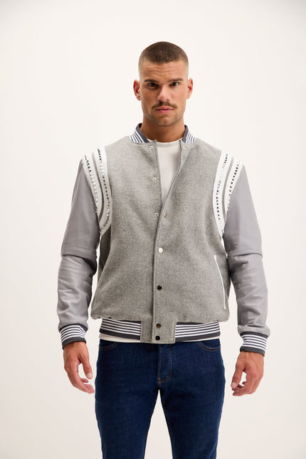 Men's Studded Mixed-Media Leather Varsity Jacket - Grey | Ron Tomson