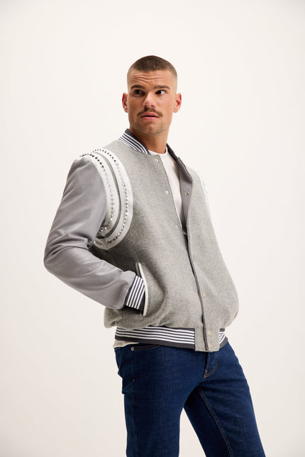 Men's Studded Mixed-Media Leather Varsity Jacket - Grey | Ron Tomson