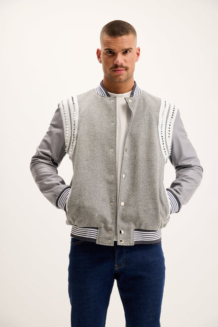 Men's Studded Mixed-Media Leather Varsity Jacket - Grey | Ron Tomson