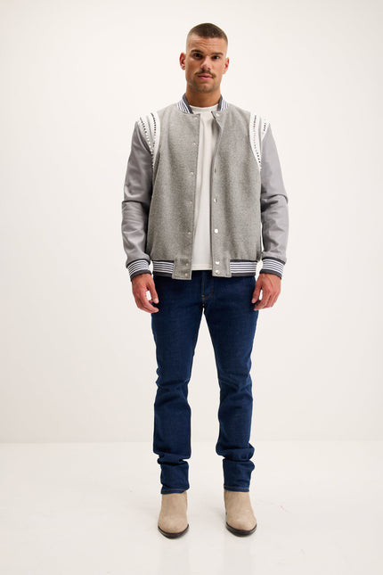 Men's Studded Mixed-Media Leather Varsity Jacket - Grey | Ron Tomson
