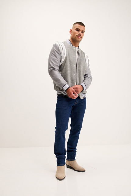 Men's Studded Mixed-Media Leather Varsity Jacket - Grey | Ron Tomson