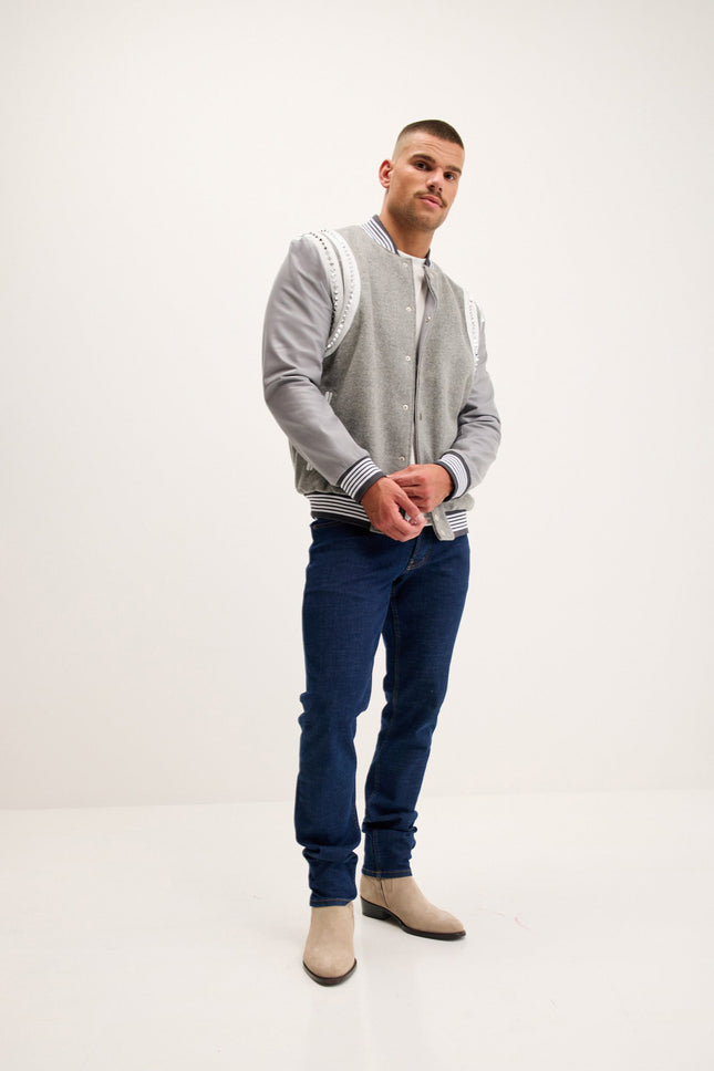 Men's Studded Mixed-Media Leather Varsity Jacket - Grey | Ron Tomson