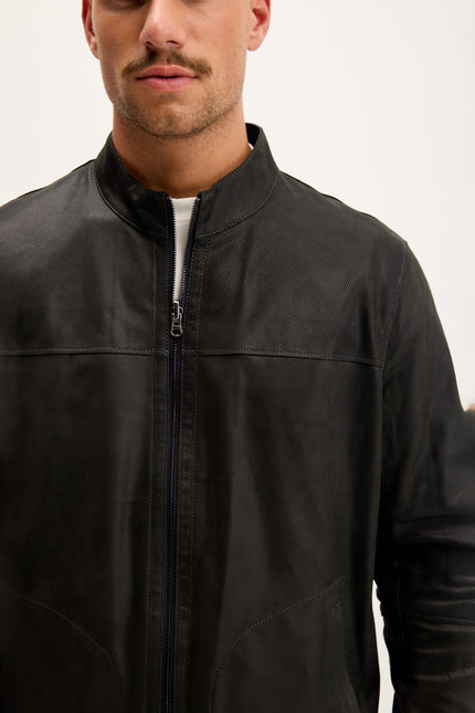 Men's Reversible Suede and Leather Mandarin Collar Jacket - Grey/Navy | Ron Tomson