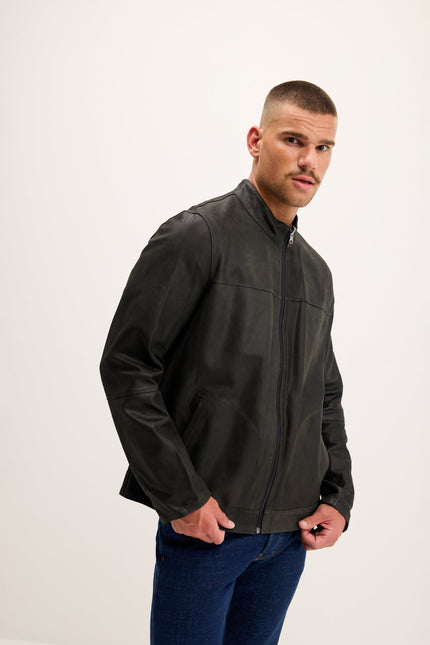Men's Reversible Suede and Leather Mandarin Collar Jacket - Grey/Navy | Ron Tomson
