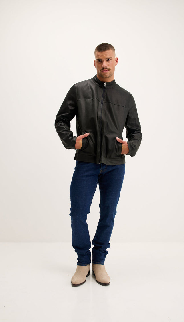 Reversible Suede and Leather Mandarin Collar Jacket - Grey/Navy
