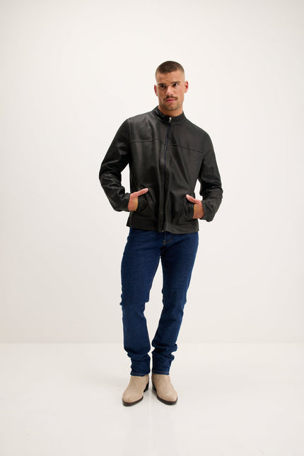 Men's Reversible Suede and Leather Mandarin Collar Jacket - Grey/Navy | Ron Tomson