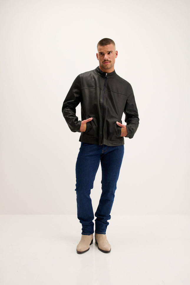 Men's Reversible Suede and Leather Mandarin Collar Jacket - Grey/Navy | Ron Tomson