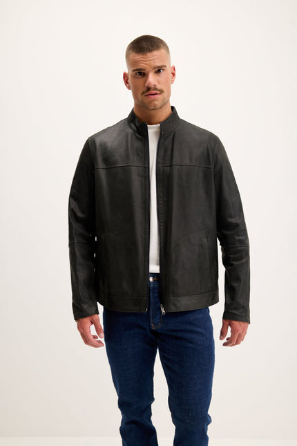 Men's Reversible Suede and Leather Mandarin Collar Jacket - Grey/Navy | Ron Tomson