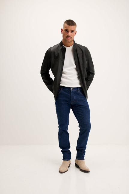 Men's Reversible Suede and Leather Mandarin Collar Jacket - Grey/Navy | Ron Tomson