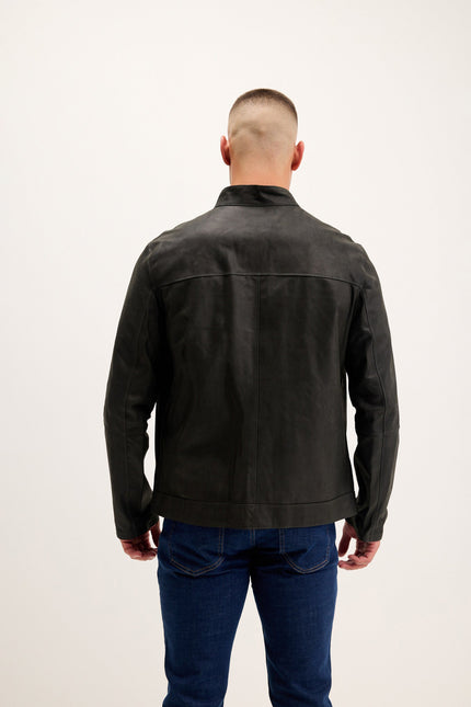 Men's Reversible Suede and Leather Mandarin Collar Jacket - Grey/Navy | Ron Tomson
