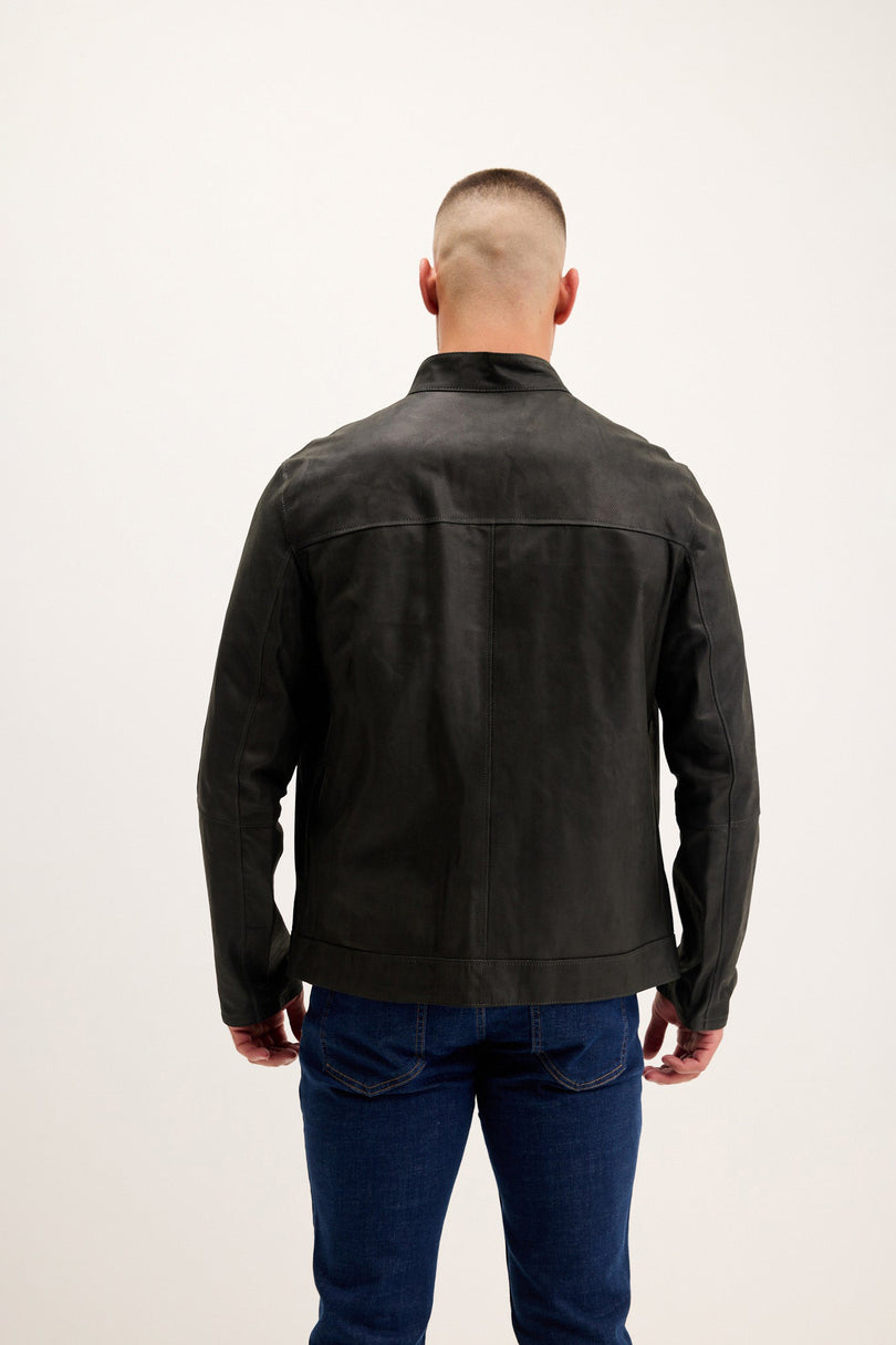 Men's Reversible Suede and Leather Mandarin Collar Jacket - Grey/Navy | Ron Tomson