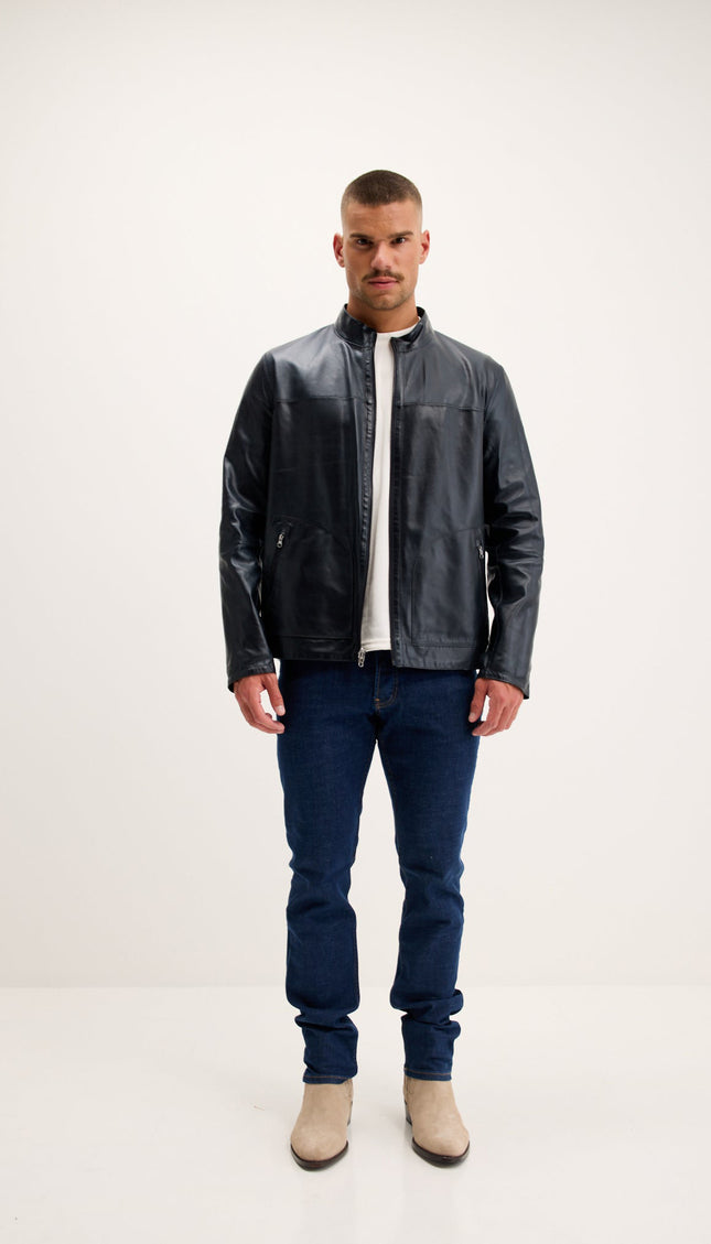 Reversible Suede and Leather Mandarin Collar Jacket - Grey/Navy