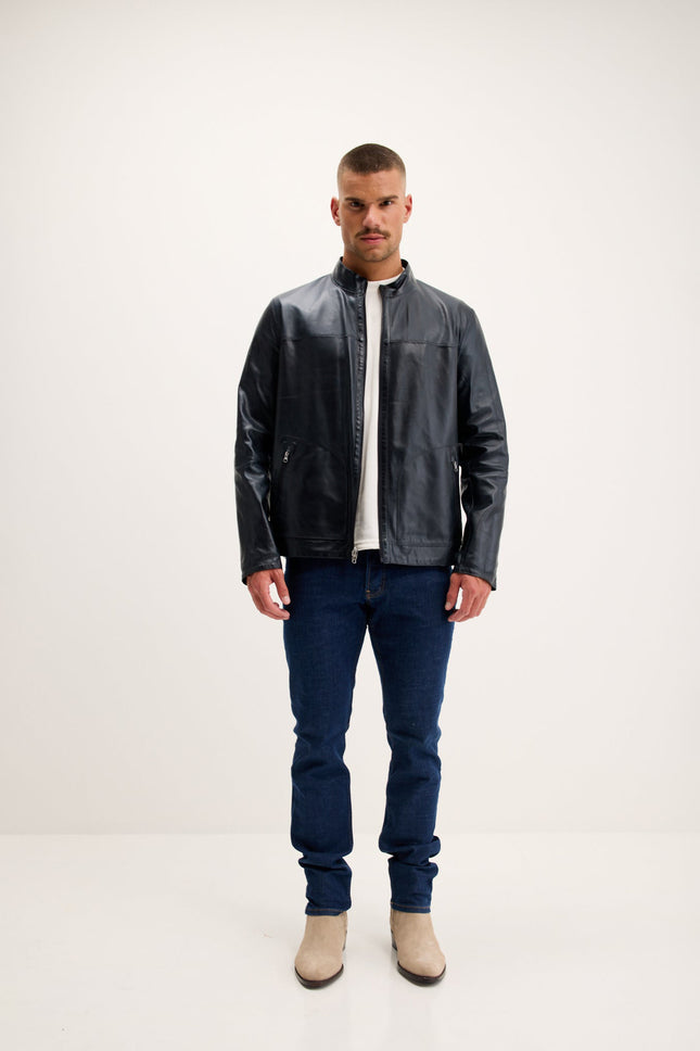 Men's Reversible Suede and Leather Mandarin Collar Jacket - Grey/Navy | Ron Tomson