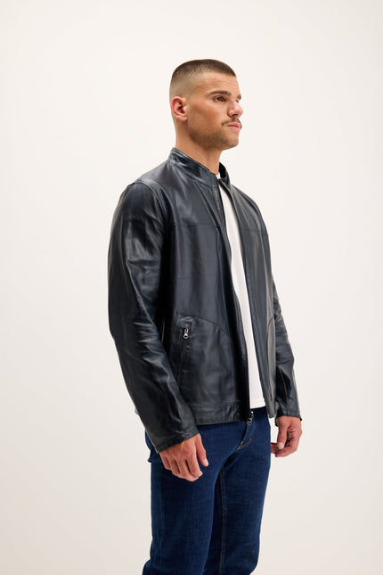 Men's Reversible Suede and Leather Mandarin Collar Jacket - Grey/Navy | Ron Tomson
