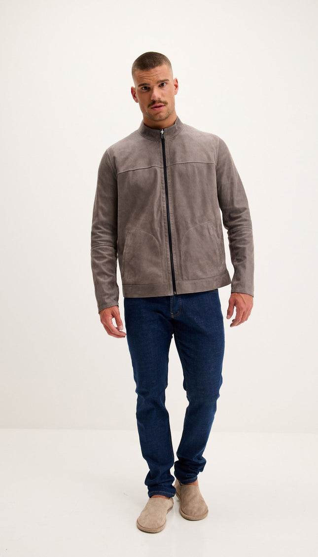 Reversible Suede Leather Bomber - Khaki/Navy