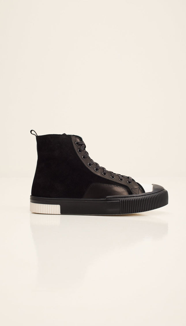 Leather and Suede High-Top Sneaker - Black Suede
