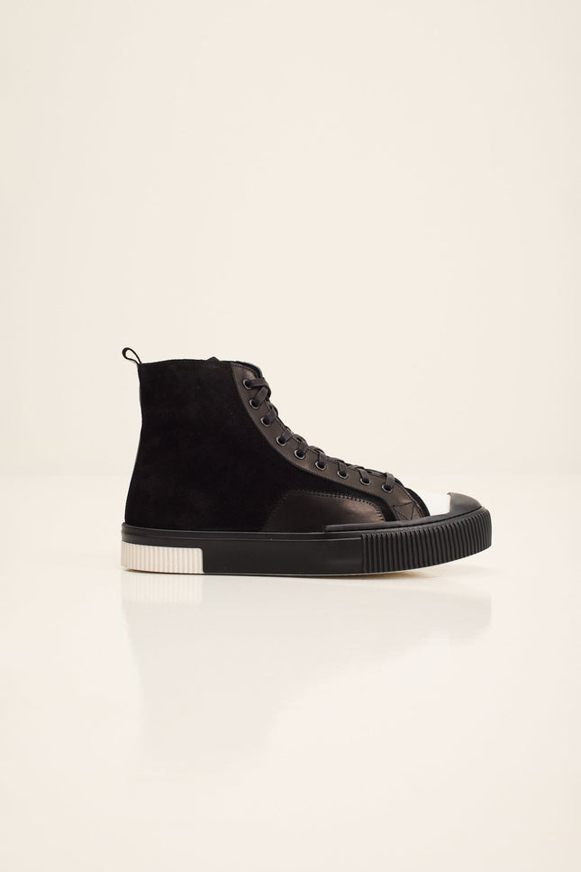 Leather and Suede High-Top Sneaker - Black Suede