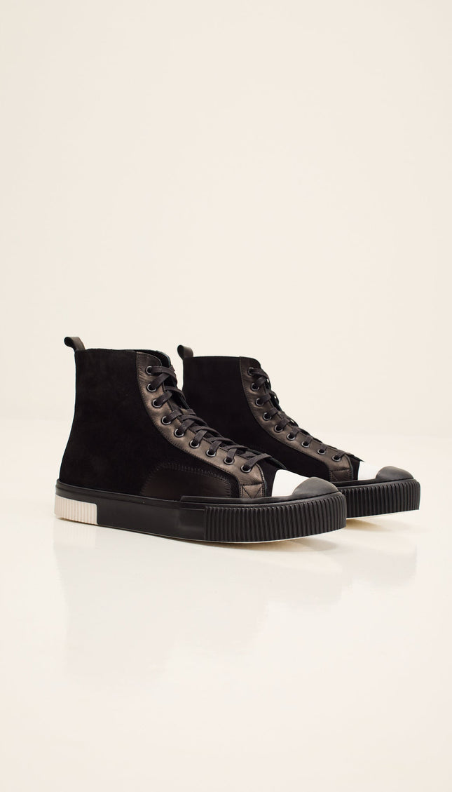 Leather and Suede High-Top Sneaker - Black Suede