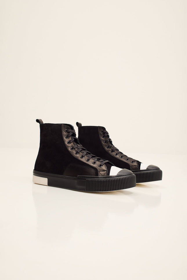 Leather and Suede High-Top Sneaker - Black Suede