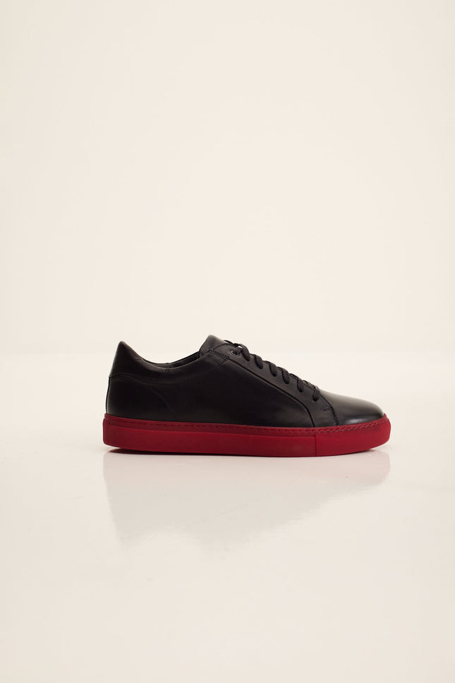 Men's Margom Sole Leather Court Sneaker - Black Red | Ron Tomson