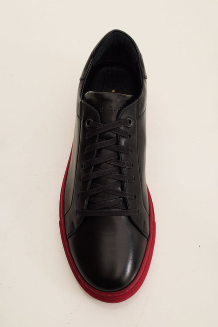 Men's Margom Sole Leather Court Sneaker - Black Red | Ron Tomson