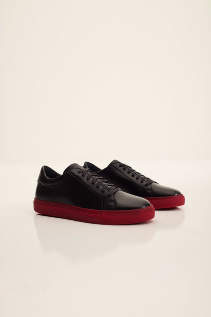 Men's Margom Sole Leather Court Sneaker - Black Red | Ron Tomson