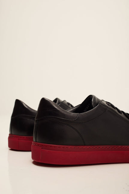 Men's Margom Sole Leather Court Sneaker - Black Red | Ron Tomson