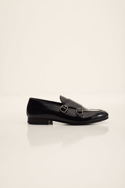Men's Leather Double Monk Strap Shoes - Black | Ron Tomson