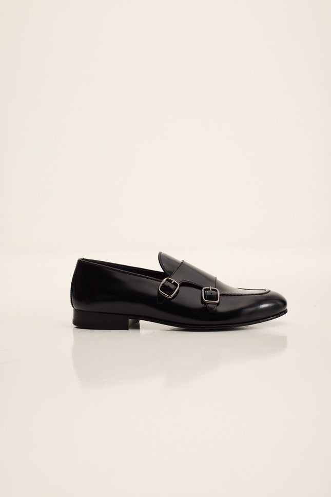 Men's Leather Double Monk Strap Shoes - Black | Ron Tomson