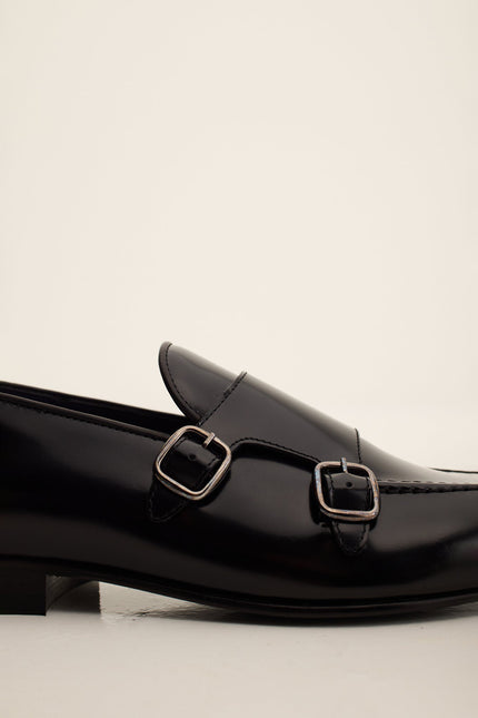 Men's Leather Double Monk Strap Shoes - Black | Ron Tomson