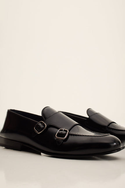 Men's Leather Double Monk Strap Shoes - Black | Ron Tomson