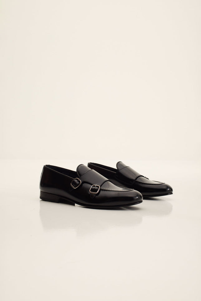 Men's Leather Double Monk Strap Shoes - Black | Ron Tomson