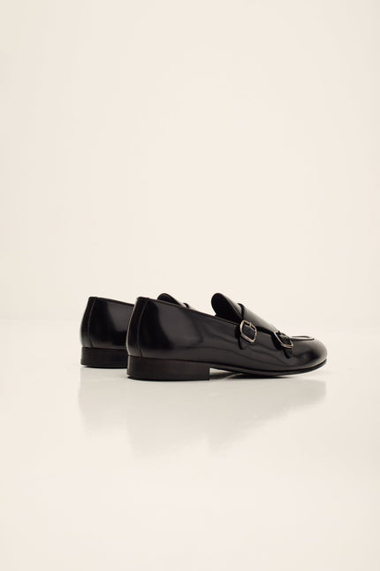 Men's Leather Double Monk Strap Shoes - Black | Ron Tomson