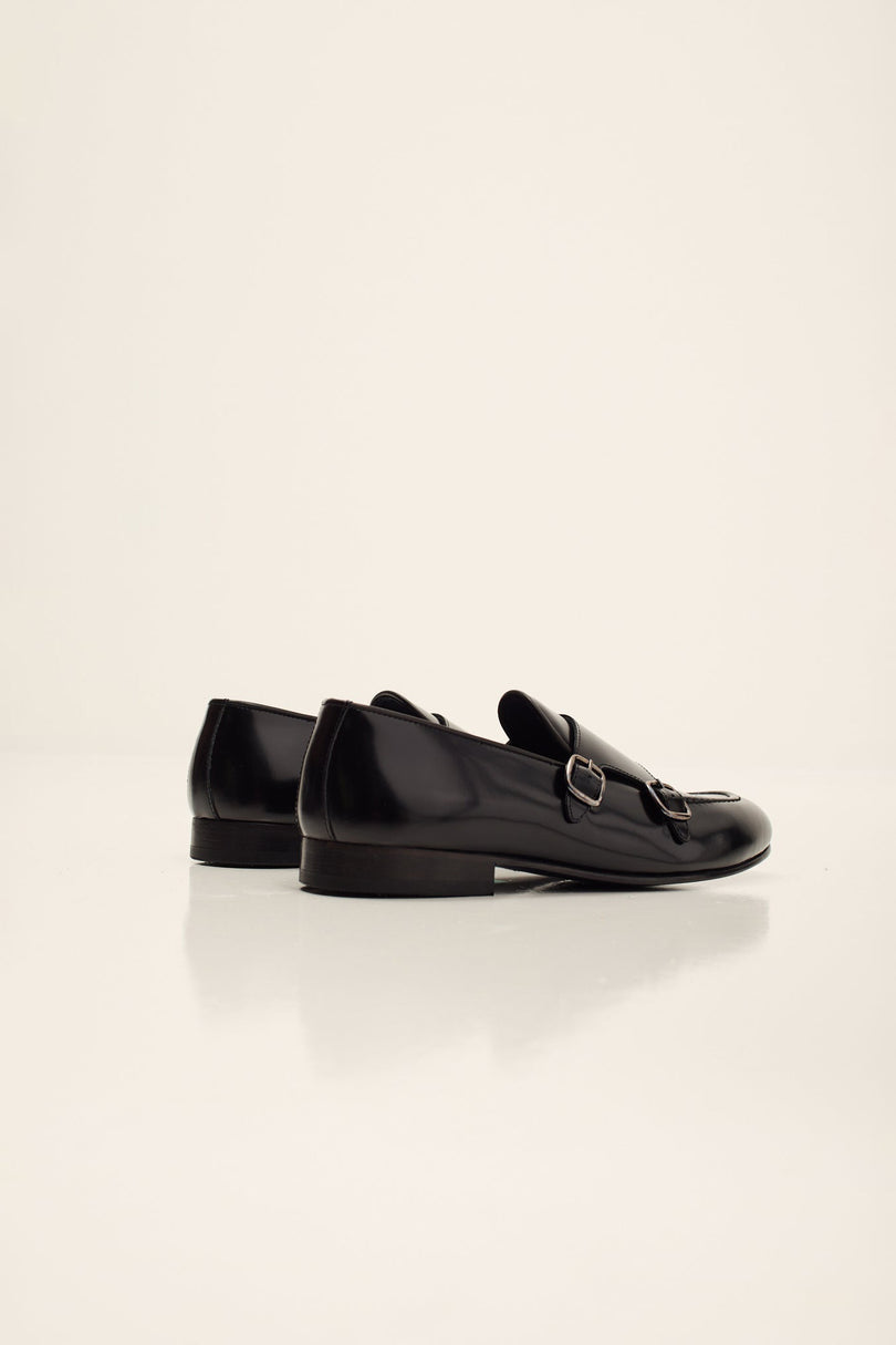 Men's Leather Double Monk Strap Shoes - Black | Ron Tomson